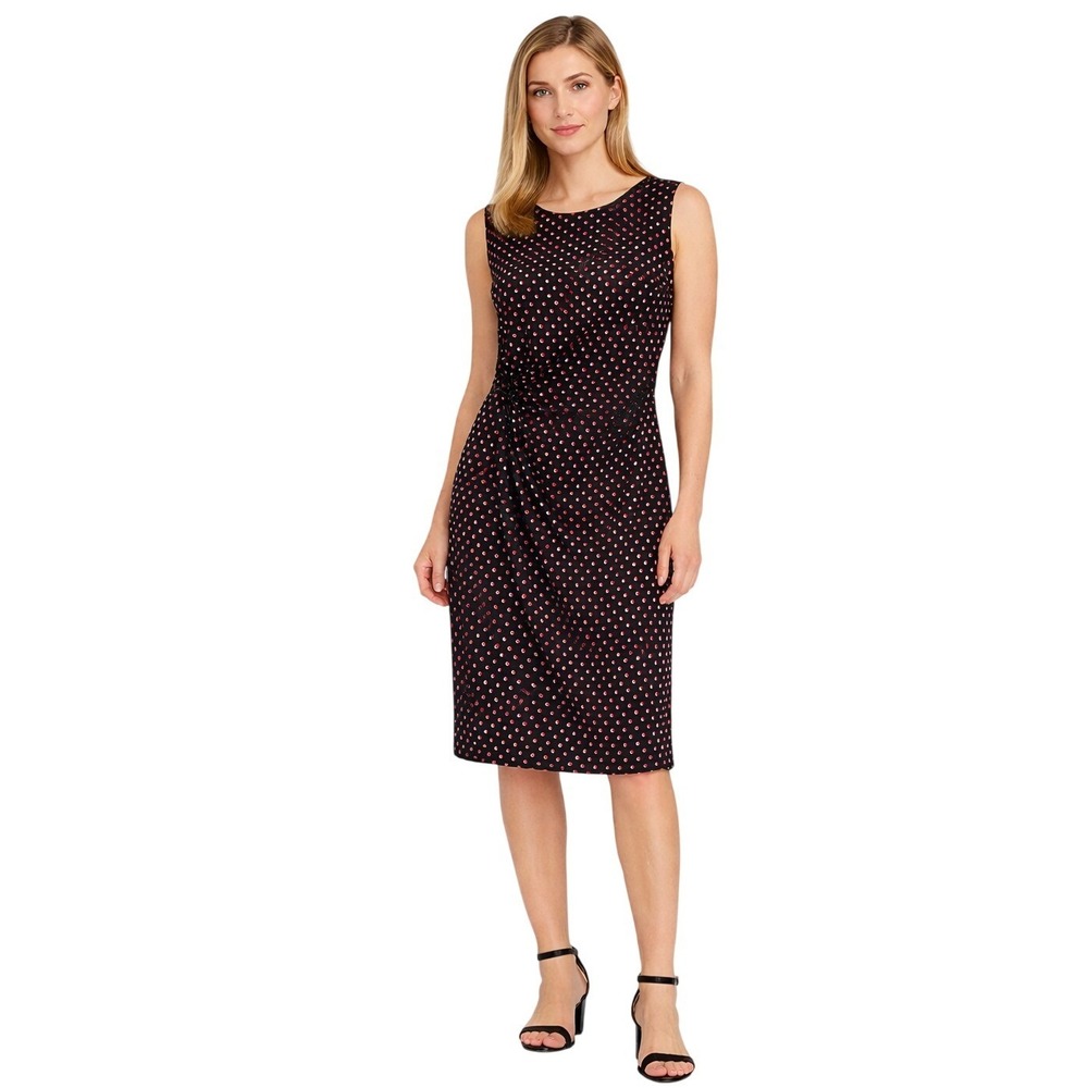 Max Studio Sheath Dress Women Small Black Red Polka Dot Faux Wrap Knot Front
